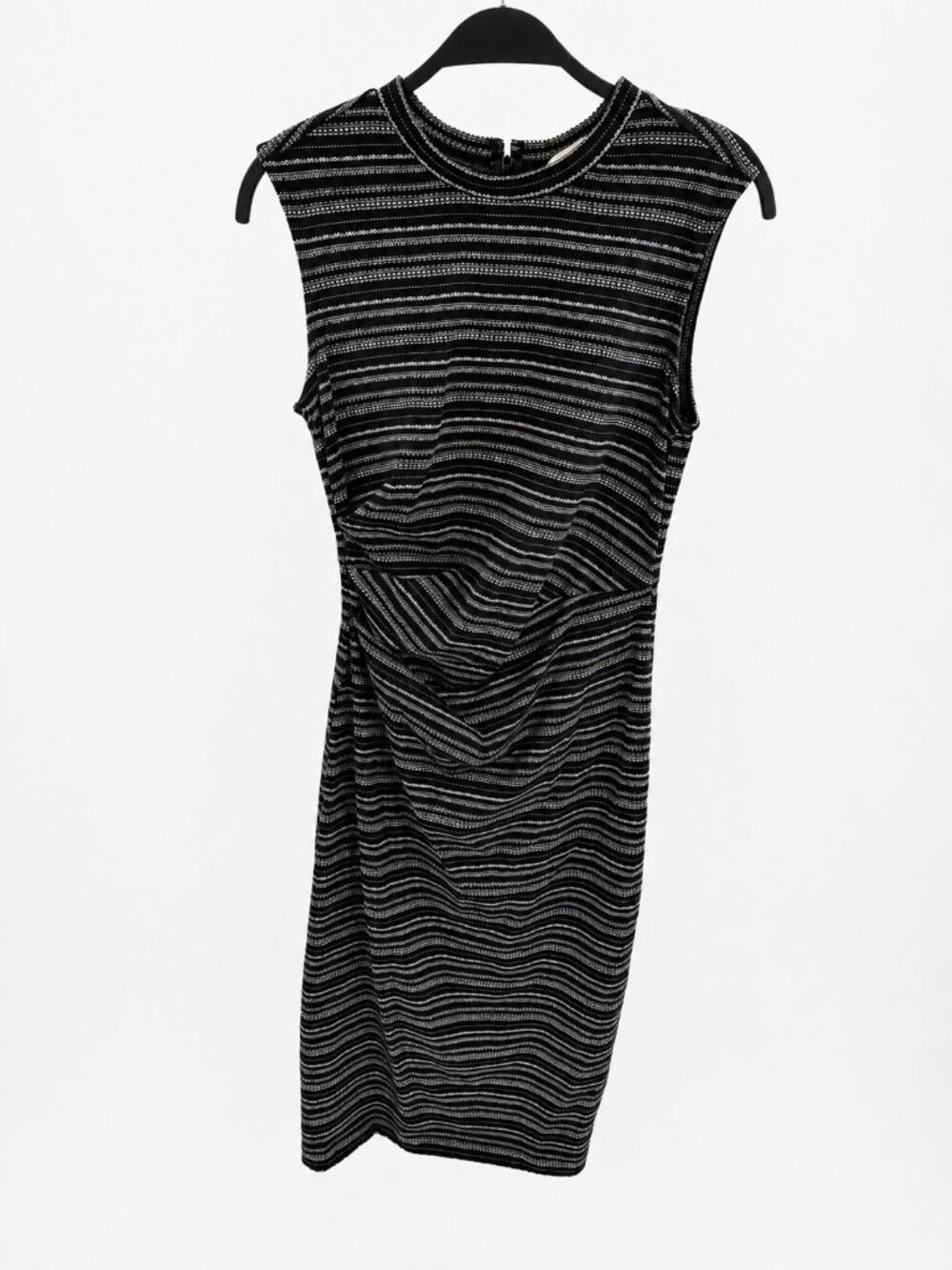 LOFT Petites Striped Ruched Side Slit Dress Black White Sleeveless Zipper 0P